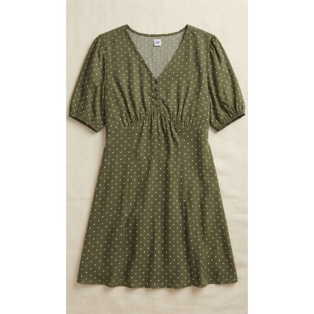 NWT Gap Womens XXL Olive Green Polka Dot Puff Sleeve V-Neck Empire Waist Dress